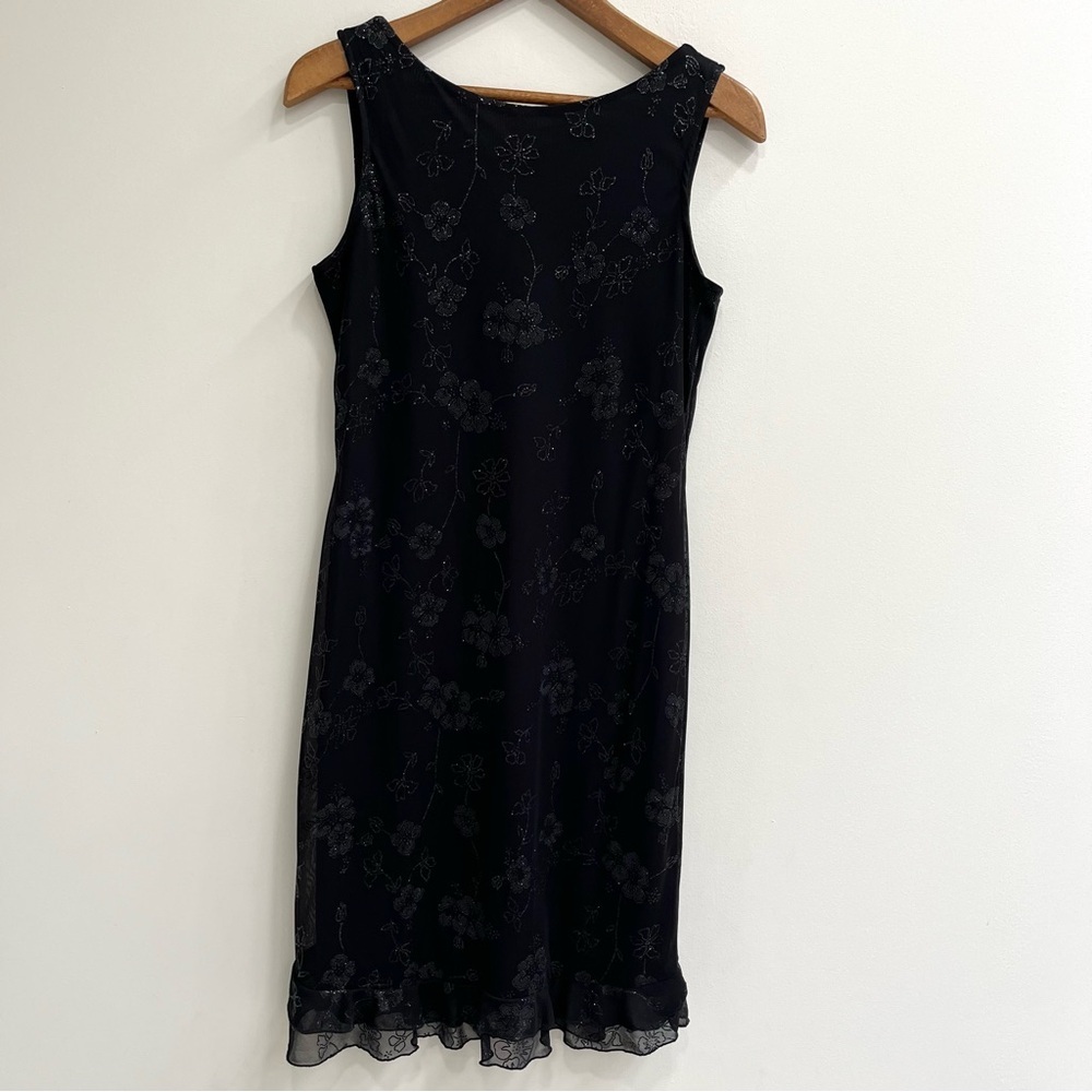 Vintage Y2K Black Floral Silver Glitter Sheer Overlay Mesh Dress Ruffle Hem L - Picture 3 of 11